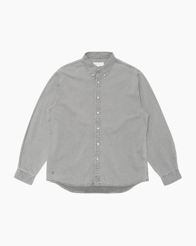 Edwin Arlo Shirt LS Schwarz Heavy Bleach, Oversize Denim-Hemd Frontansicht, 8oz Reed Black Denim