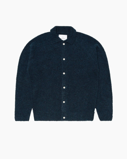 Edwin Gemini Cardigan Marineblau, Studio-Frontansicht Knopfleiste, 23% Wolle Knit Jersey I037506