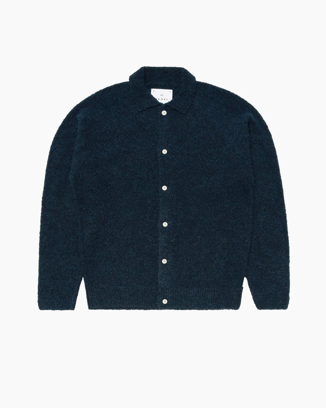 Edwin Gemini Cardigan Marineblau, Studio-Frontansicht Knopfleiste, 23% Wolle Knit Jersey I037506