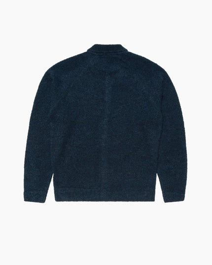 Edwin Gemini Cardigan Marineblau, Studio-Rückenansicht Knopfleiste, 23% Wolle Knit Jersey I037506