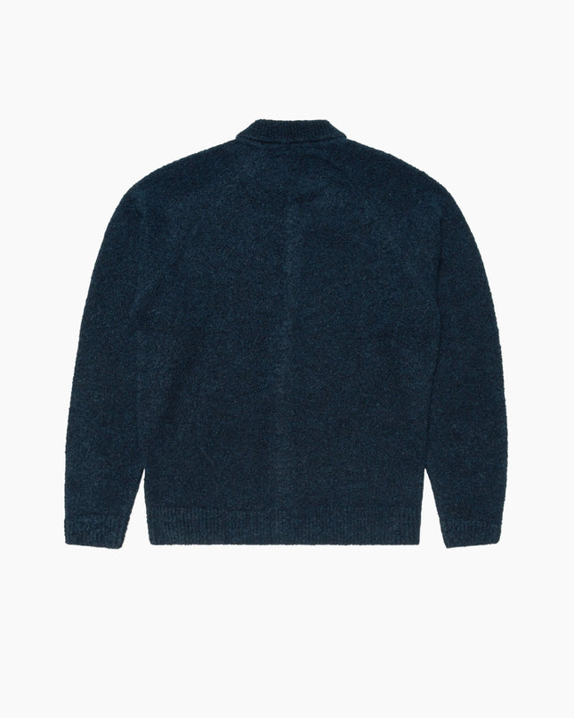 Edwin Gemini Cardigan Marineblau, Studio-Rückenansicht Knopfleiste, 23% Wolle Knit Jersey I037506