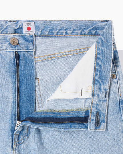 Edwin Loose Jeans Blau, Detail Zip-Fly und Bund, Kaihara Pure Indigo Openend Denim Light Used