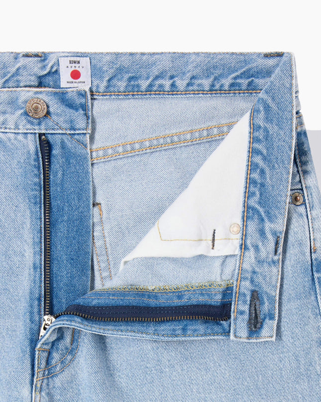 Edwin Loose Jeans Blau, Detail Zip-Fly und Bund, Kaihara Pure Indigo Openend Denim Light Used