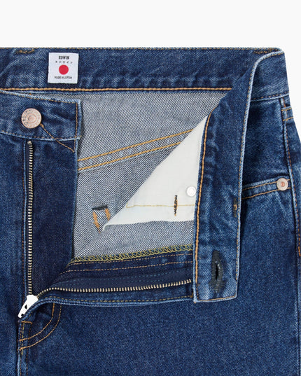 Edwin Regular Straight Jeans Blau, Zip-Fly und Bund Detail, Kaihara Pure Indigo Mid Used Regular Straight