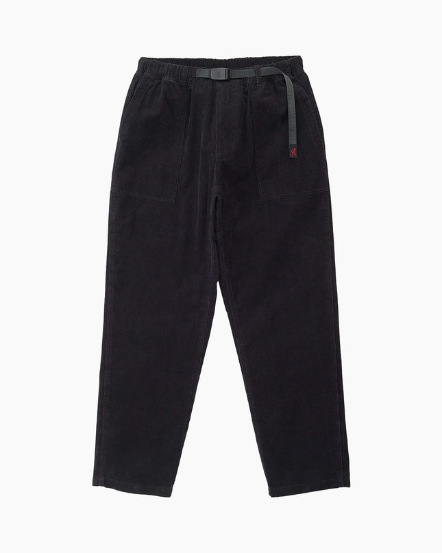Gramicci Cord-Hose Loose Tapered Schwarz mit Nylongürtel, 10-Wale-Cord Baumwolle, Flat Lay Frontansicht