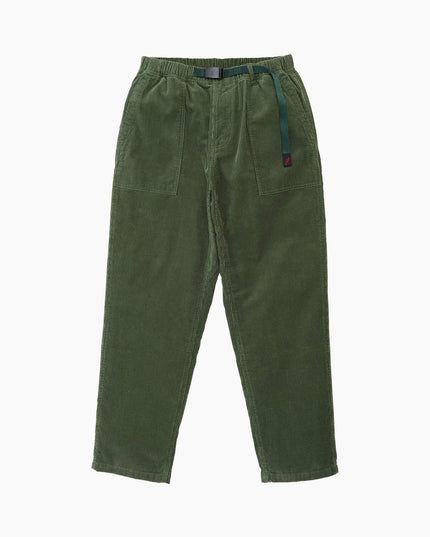 Gramicci Cord-Hose Loose Tapered Olivgrün gedämpft mit Nylongürtel, 10-Wale-Cord Flat Lay Frontansicht