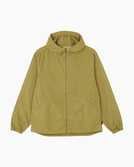 Gramicci Fischgrat-Kapuzenjacke Olivgrün, 100% Baumwolle Herringbone-Twill, Flat Lay Frontansicht