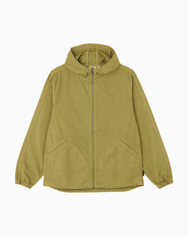 Gramicci Fischgrat-Kapuzenjacke Olivgrün, 100% Baumwolle Herringbone-Twill, Flat Lay Frontansicht