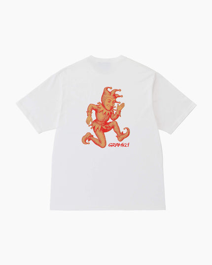 Gramicci Joker T-Shirt Weiß, großer orangefarbener Narren-Aufdruck Rücken, Pigmentgefärbt Öko-Baumwolle