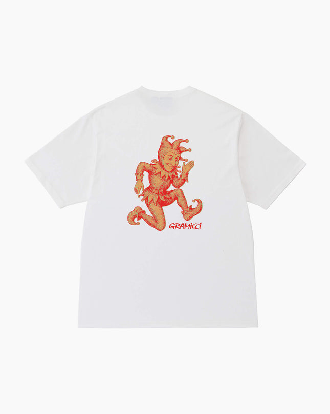 Gramicci Joker T-Shirt Weiß, großer orangefarbener Narren-Aufdruck Rücken, Pigmentgefärbt Öko-Baumwolle