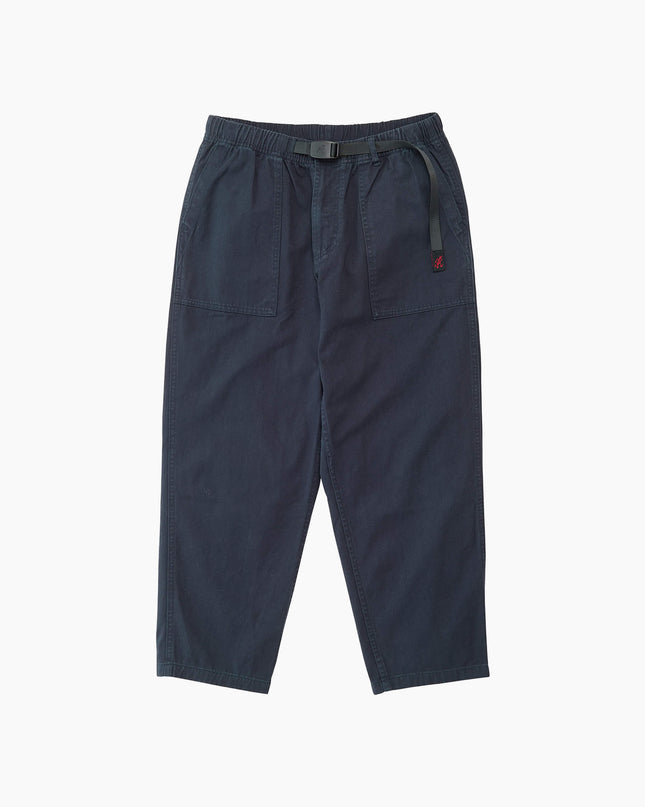 Gramicci Loose Tapered Pant Doppelmarineblau, Rechteck-Patchpockets Knöchellänge, Bio-BW Twill Flat Lay