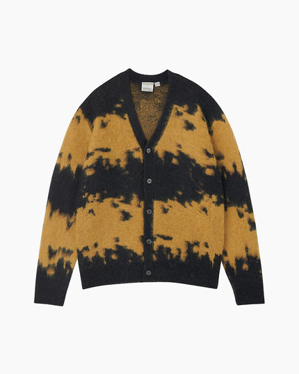 Gramicci Mohair-Splatter-Cardigan Safrangelb, Knopf-Cardigan Splatter-Muster eingestrickt, 15% Mohair