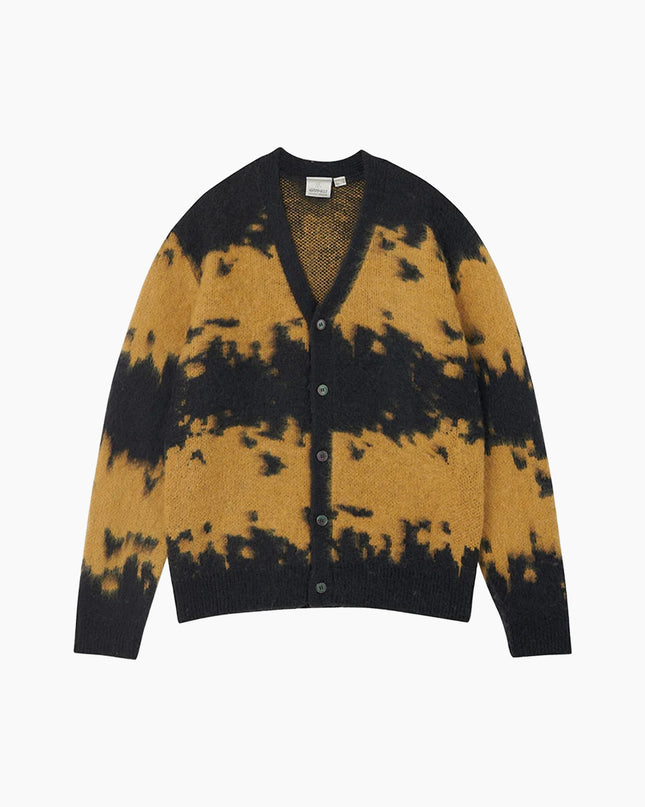 Gramicci Mohair-Splatter-Cardigan Safrangelb, Knopf-Cardigan Splatter-Muster eingestrickt, 15% Mohair