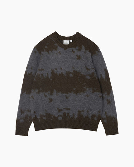 Gramicci Mohair-Splatter-Pullover Schiefergrau, Splatter-Muster eingestrickt Flat Lay, 15% Mohair Crewneck