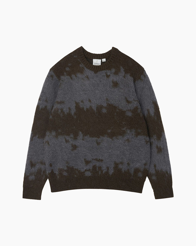Gramicci Mohair-Splatter-Pullover Schiefergrau, Splatter-Muster eingestrickt Flat Lay, 15% Mohair Crewneck