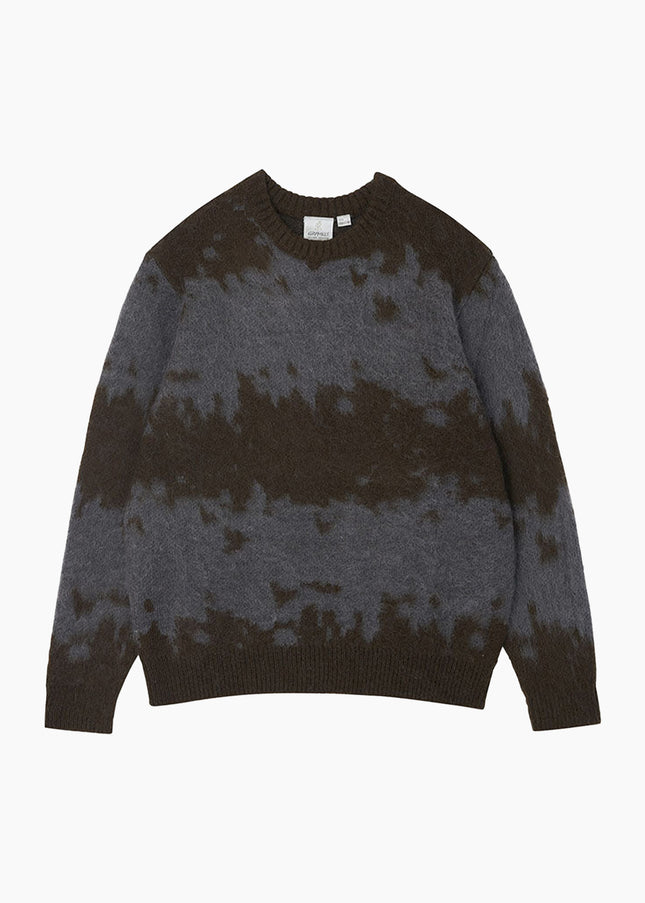 Gramicci Mohair-Splatter-Pullover Schiefergrau, Splatter-Muster eingestrickt Flat Lay, 15% Mohair Crewneck