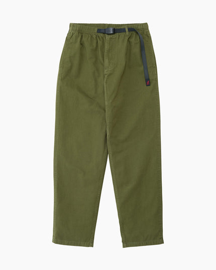 Gramicci Pant Olivgrün, 100% Bio-Baumwolle Twill, Schritteinsatz und Nylongürtel, Flat Lay Frontansicht