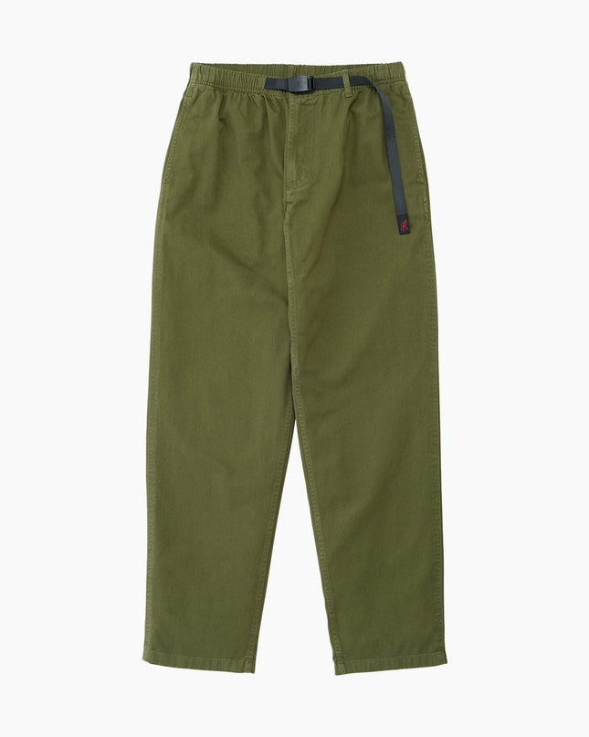 Gramicci Pant Olivgrün, 100% Bio-Baumwolle Twill, Schritteinsatz und Nylongürtel, Flat Lay Frontansicht