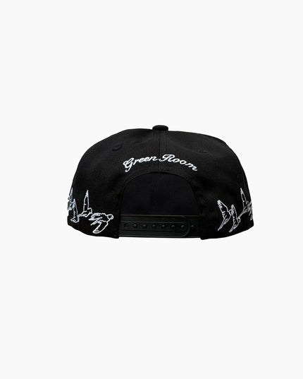 Green Room Pitch Black Birdie Cap Rückenansicht Snapback-Verschluss, schwarze Cap weiße Stickerei Rücken, Green Room Birdie schwarz