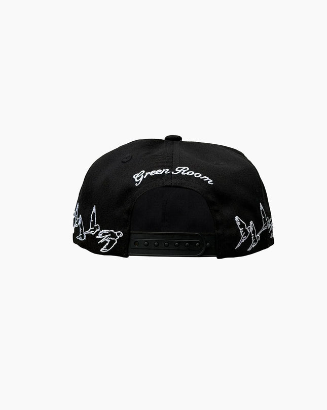 Green Room Pitch Black Birdie Cap Rückenansicht Snapback-Verschluss, schwarze Cap weiße Stickerei Rücken, Green Room Birdie schwarz