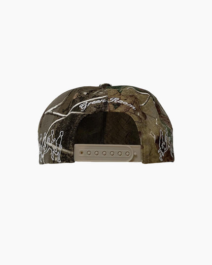 Green Room Realtree Runners Cap Rückenansicht, beiger Snapback-Verschluss weiße Green Room Stickerei, Realtree Camo Snapback Cap