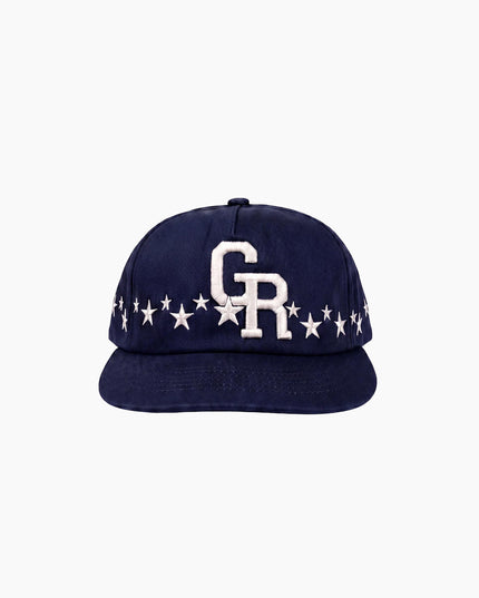 Green Room Stars Cap Navy Blue, Frontansicht, Navy Snapback weiße Stern-Stickerei umlaufend Green Room Headwear