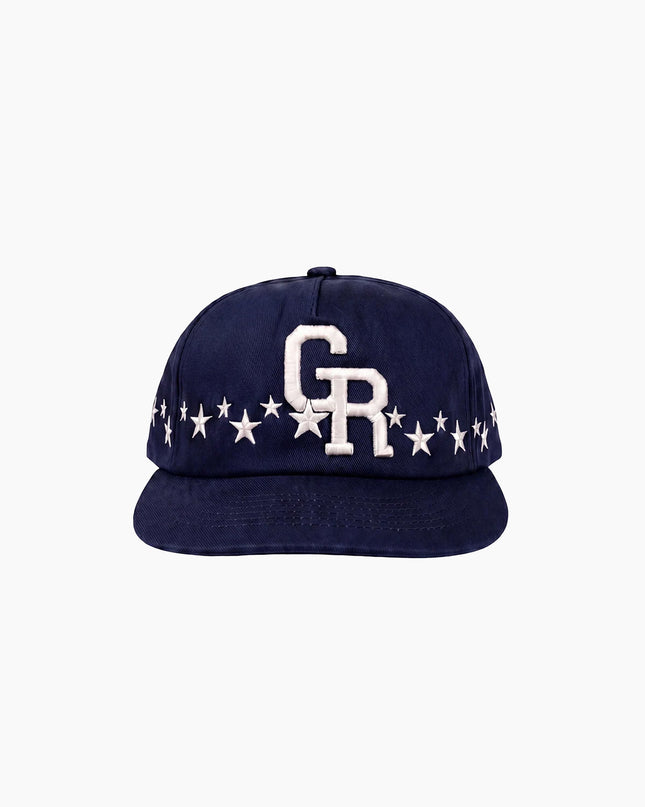 Green Room Stars Cap Navy Blue, Frontansicht, Navy Snapback weiße Stern-Stickerei umlaufend Green Room Headwear