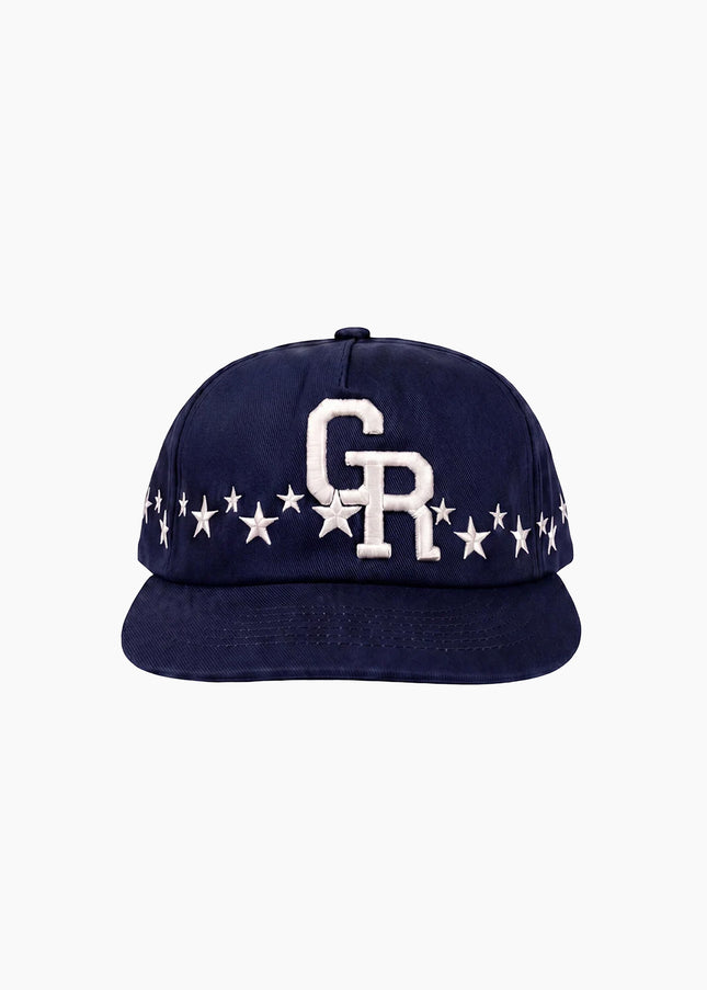 Green Room Stars Cap Navy Blue, Frontansicht, Navy Snapback weiße Stern-Stickerei umlaufend Green Room Headwear