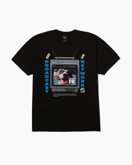 HUF Broadcast T-Shirt Schwarz, Frontansicht Boxy Fit, 250gsm Heavyweight Baumwolle Retro-TV-Print Hundekopf schwarz