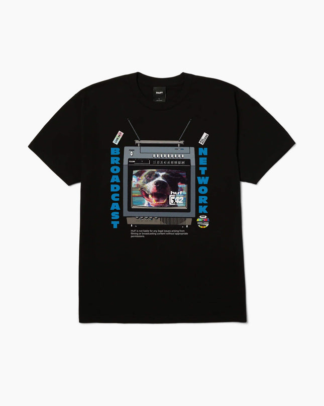 HUF Broadcast T-Shirt Schwarz, Frontansicht Boxy Fit, 250gsm Heavyweight Baumwolle Retro-TV-Print Hundekopf schwarz