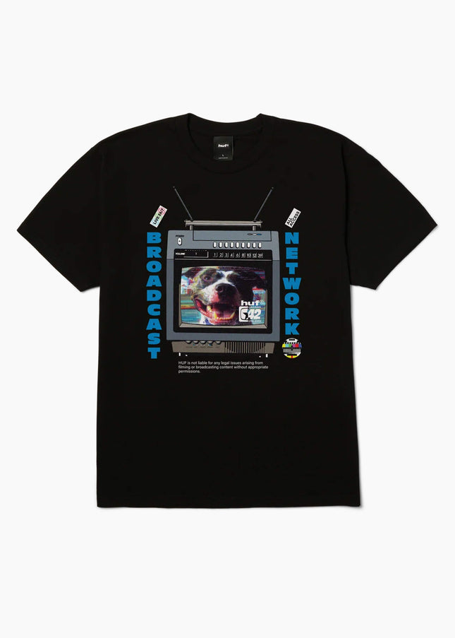 HUF Broadcast T-Shirt Schwarz, Frontansicht Boxy Fit, 250gsm Heavyweight Baumwolle Retro-TV-Print Hundekopf schwarz