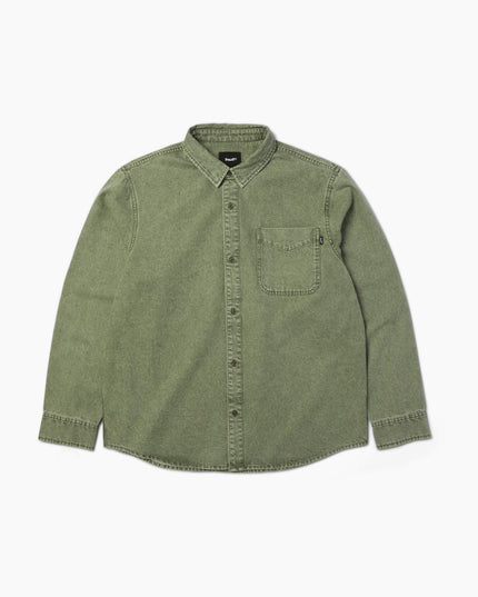 HUF Carson Overdyed Denim Shirt Olive, Frontansicht Button-down Langarm, 235gsm Denim Overdyed olive HUF