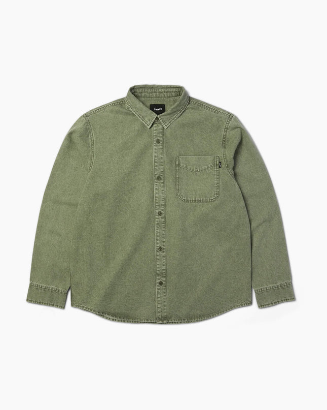 HUF Carson Overdyed Denim Shirt Olive, Frontansicht Button-down Langarm, 235gsm Denim Overdyed olive HUF