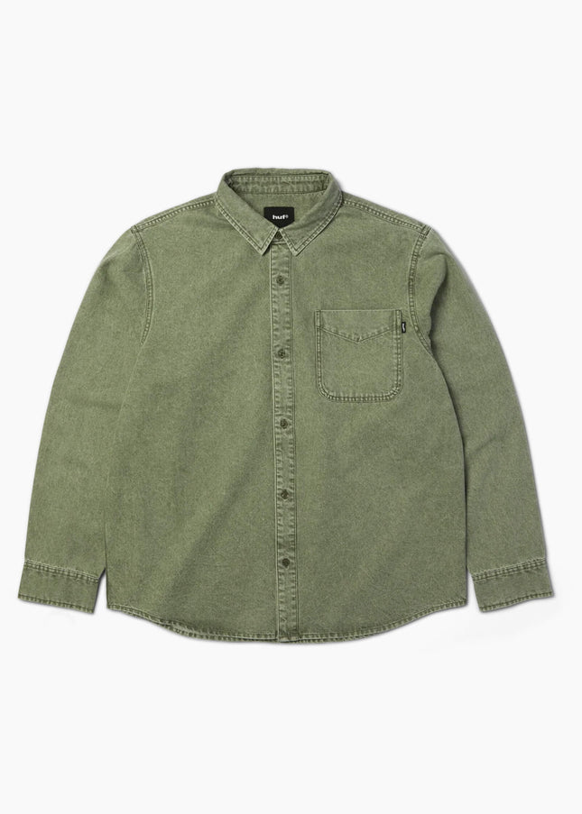 HUF Carson Overdyed Denim Shirt Olive, Frontansicht Button-down Langarm, 235gsm Denim Overdyed olive HUF