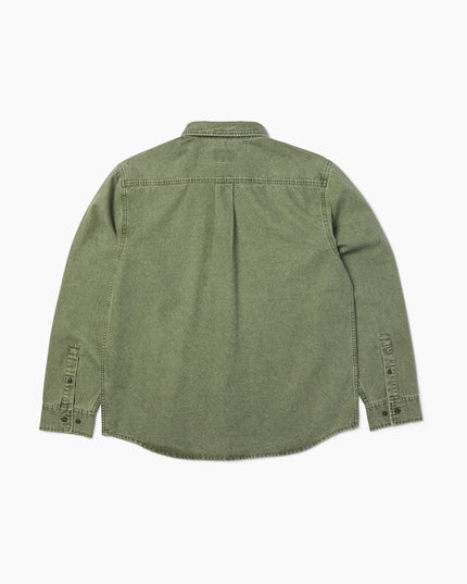 HUF Carson Overdyed Denim Shirt Olive, Rückansicht Button-down Langarm, 235gsm Denim Overdyed olive HUF
