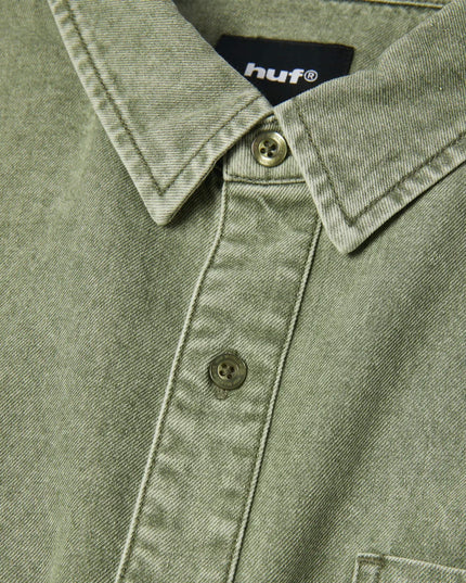 HUF Carson Denim Shirt Olive, Detail branded Knöpfe Button-down, HUF Carson Buttons Denim olive 235gsm