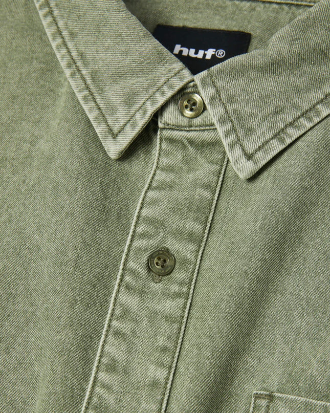 HUF Carson Denim Shirt Olive, Detail branded Knöpfe Button-down, HUF Carson Buttons Denim olive 235gsm