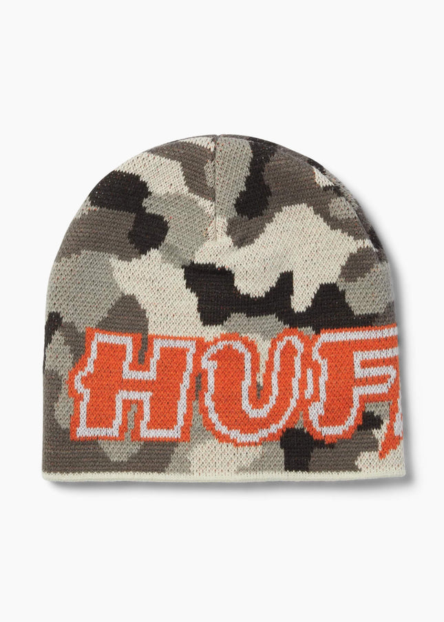 HUF Galaxy Skull Beanie Camo, Frontansicht Skull Beanie, 100% Acryl Jacquard-Strick Totenkopf schwarz
