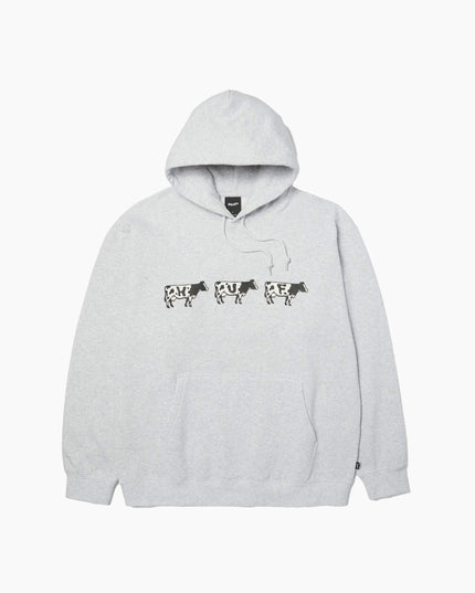 HUF Moo Pullover Hoodie Heather Grey, Frontansicht 330gsm Fleece, drei Kühe HUF Print Heather Grey Hoodie