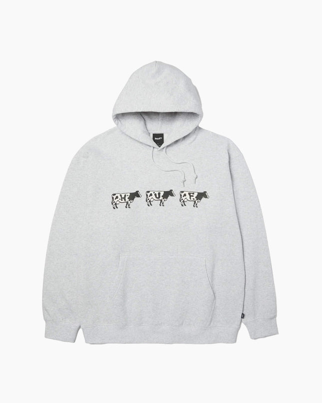 HUF Moo Pullover Hoodie Heather Grey, Frontansicht 330gsm Fleece, drei Kühe HUF Print Heather Grey Hoodie