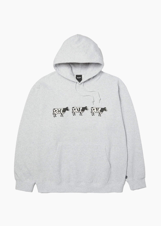HUF Moo Pullover Hoodie Heather Grey, Frontansicht 330gsm Fleece, drei Kühe HUF Print Heather Grey Hoodie