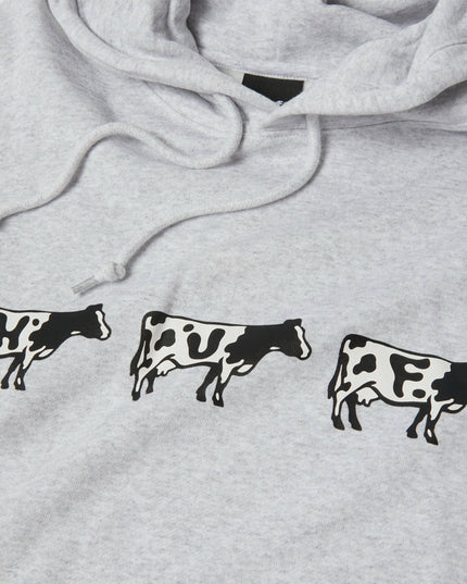 HUF Moo Hoodie Heather Grey, Print-Nahaufnahme drei Kühe HUF Buchstaben, Moo Kuh-Logo H-U-F Print