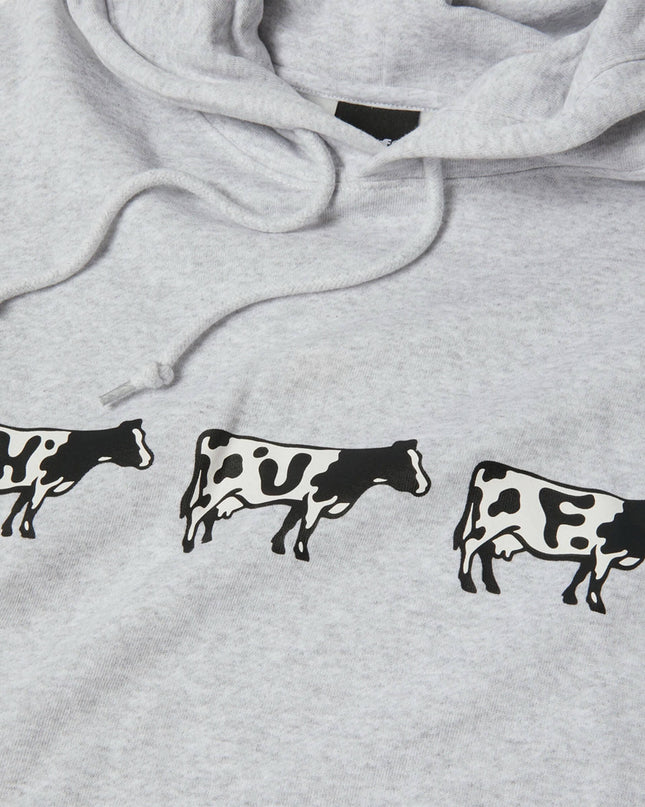 HUF Moo Hoodie Heather Grey, Print-Nahaufnahme drei Kühe HUF Buchstaben, Moo Kuh-Logo H-U-F Print