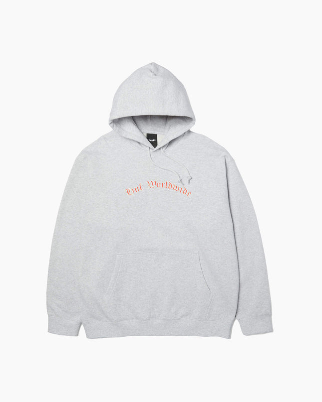 HUF Olympia Pullover Hoodie Grau, Frontansicht 330gsm Fleece, rote Schrift Chest Print Pullover Hoodie grau HUF