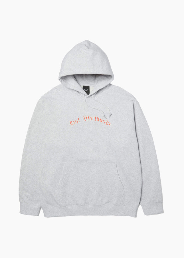 HUF Olympia Pullover Hoodie Grau, Frontansicht 330gsm Fleece, rote Schrift Chest Print Pullover Hoodie grau HUF