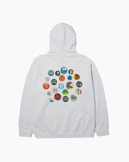 HUF Olympia Hoodie Grau, Rückenansicht Backprint Buttons Phrases, HUF Olympia Collage-Print grau Streetwear
