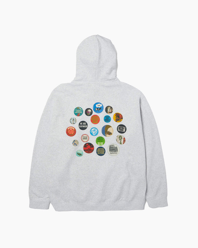 HUF Olympia Hoodie Grau, Rückenansicht Backprint Buttons Phrases, HUF Olympia Collage-Print grau Streetwear