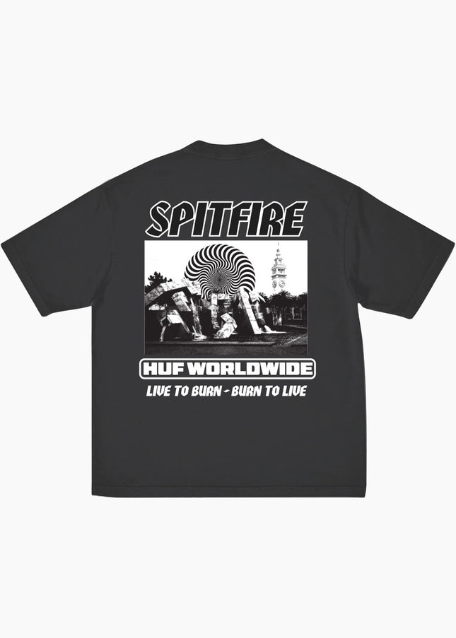 HUF × Spitfire Burn Tee Washed Black, Back Print Collab Artwork, Rückansicht