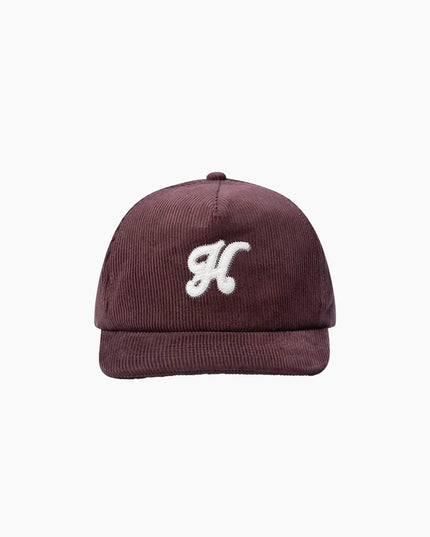 Hatline LAB Heritage 5-Panel Snapback Braun, Frontansicht Unstructured, 100% Cord Cotton Creme Leder-Patch braun