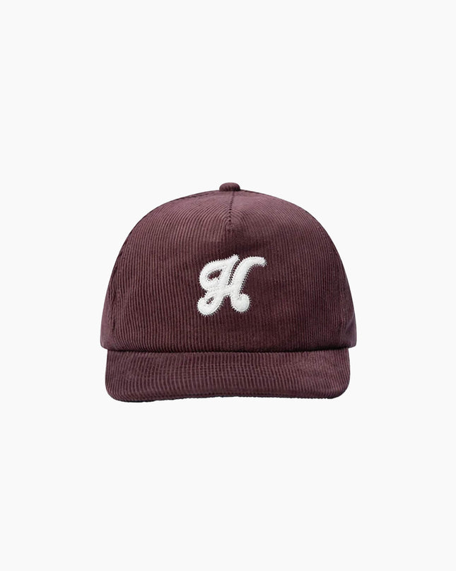 Hatline LAB Heritage 5-Panel Snapback Braun, Frontansicht Unstructured, 100% Cord Cotton Creme Leder-Patch braun